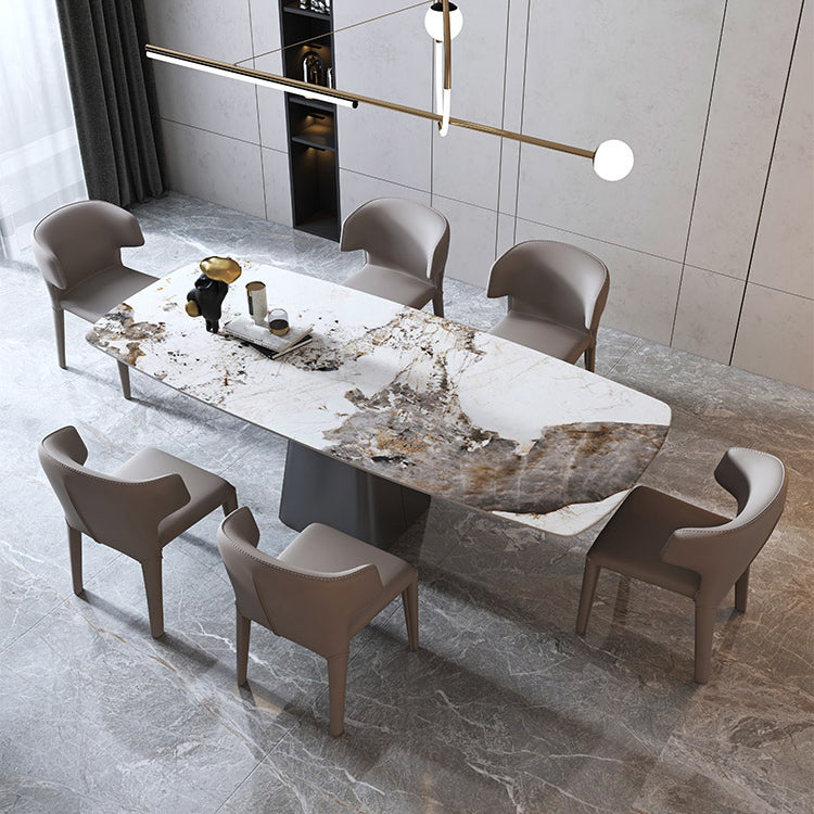 Rechthoek eigentijdse eetkamer tafel wit gesinterde stenen tafel met voetstukbasis