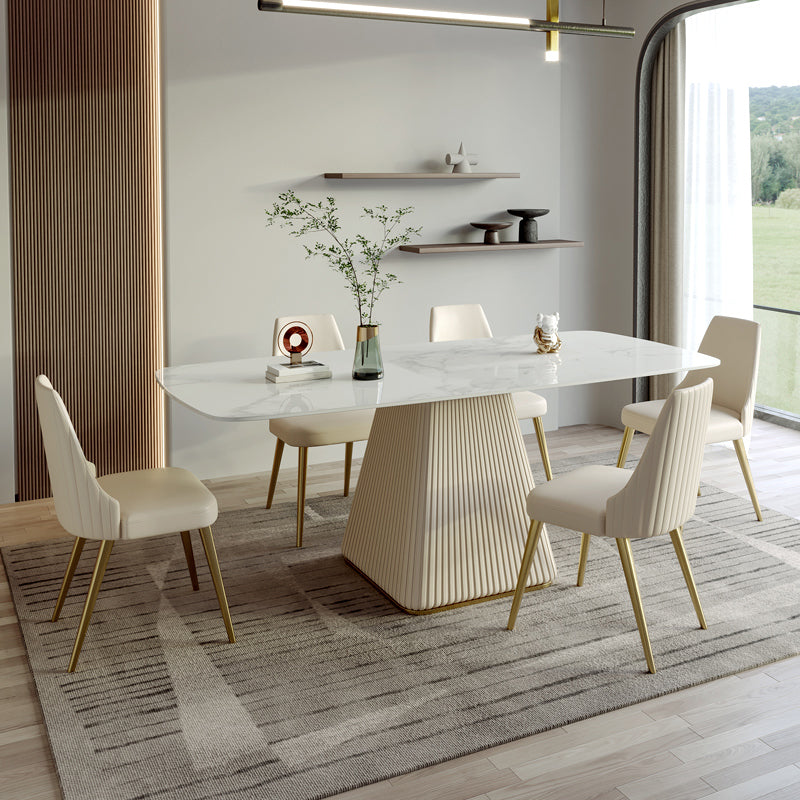 Traditional Luxury Dining Table White Rectangle Sintered Stone Table with Pedestal Base