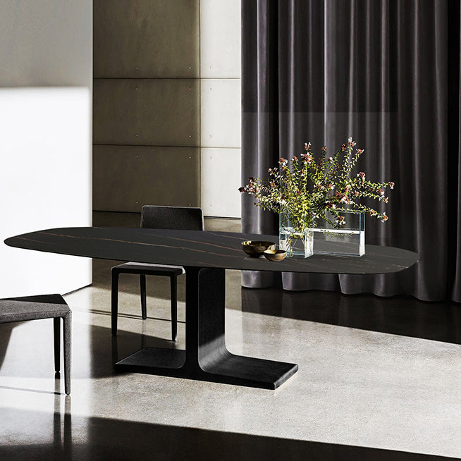 Ovale moderne eettafel Zwart gesinterde stenen tafel met voetstuk