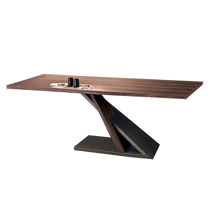 Rectangle Shape Industrial Dining Table Brown Tone Fixed Table with Solid Wood