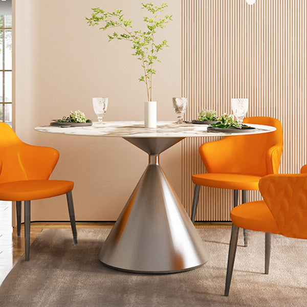 Sintered Stone Top Dining Table in White for Restaurant Modern Round Table with Metal Pedestal