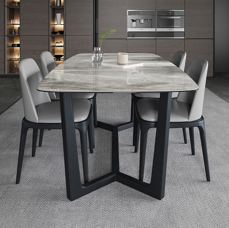 Mesa industrial rectangular con base de caballete, mesa fija en tono gris con piedra sinterizada