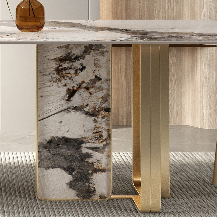 Luxury Style Sintered Stone Dining Table Double Pedestal Base Rectangle Table