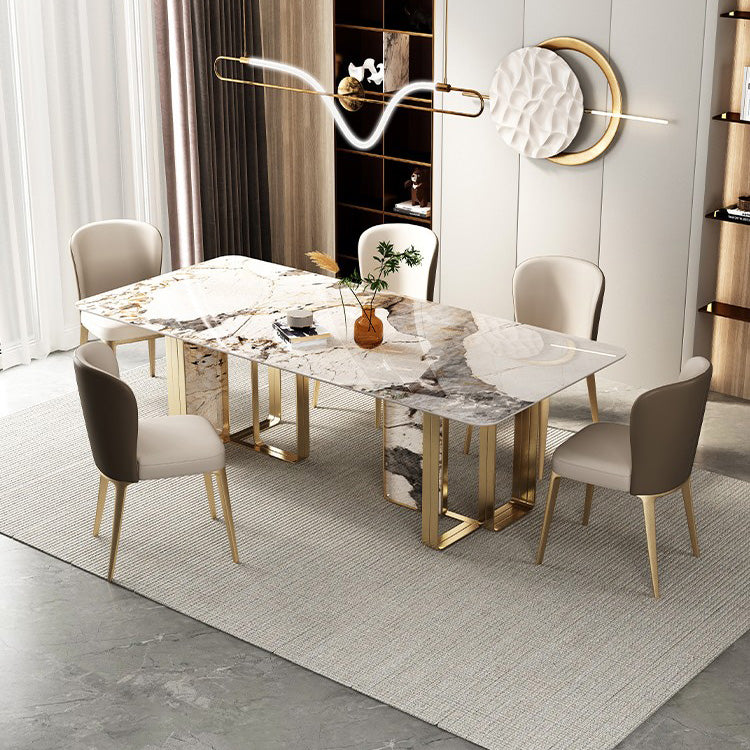 Luxury Style Sintered Stone Dining Table Double Pedestal Base Rectangle Table