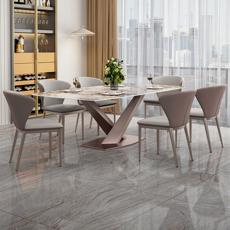 Mesa de comedor de lujo tradicional, mesa de comedor rectangular de piedra sinterizada con base de metal