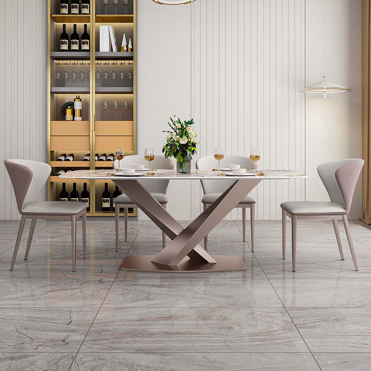 Mesa de comedor de lujo tradicional, mesa de comedor rectangular de piedra sinterizada con base de metal