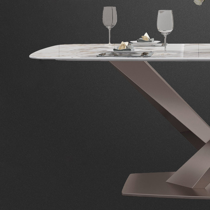 Mesa de comedor de lujo tradicional, mesa de comedor rectangular de piedra sinterizada con base de metal