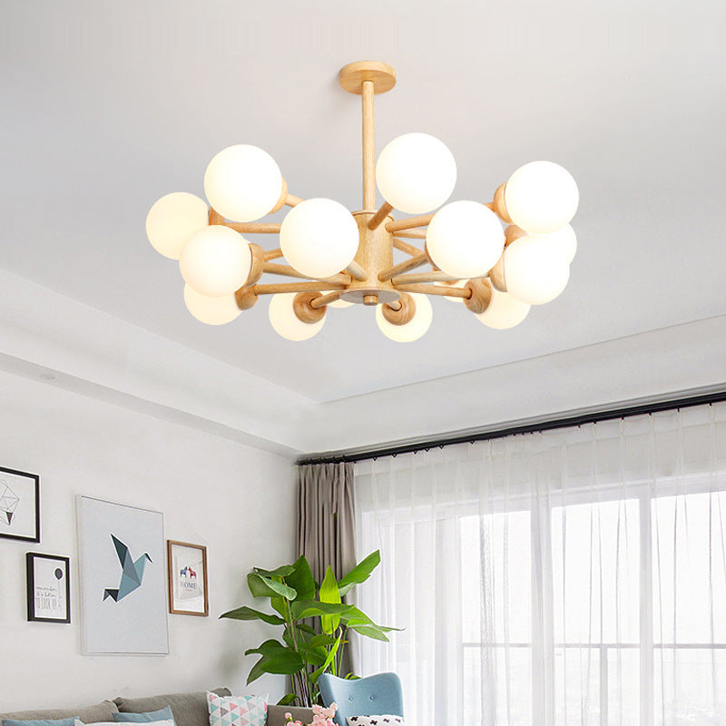 Modern Wood Chandelier Light Fixtures Multi-Head Hanging Pendant Lights with Globe Glass Shade