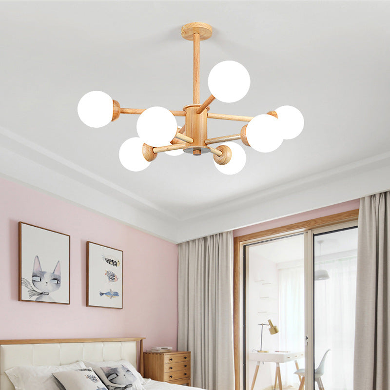 Modern Wood Chandelier Light Fixtures Multi-Head Hanging Pendant Lights with Globe Glass Shade