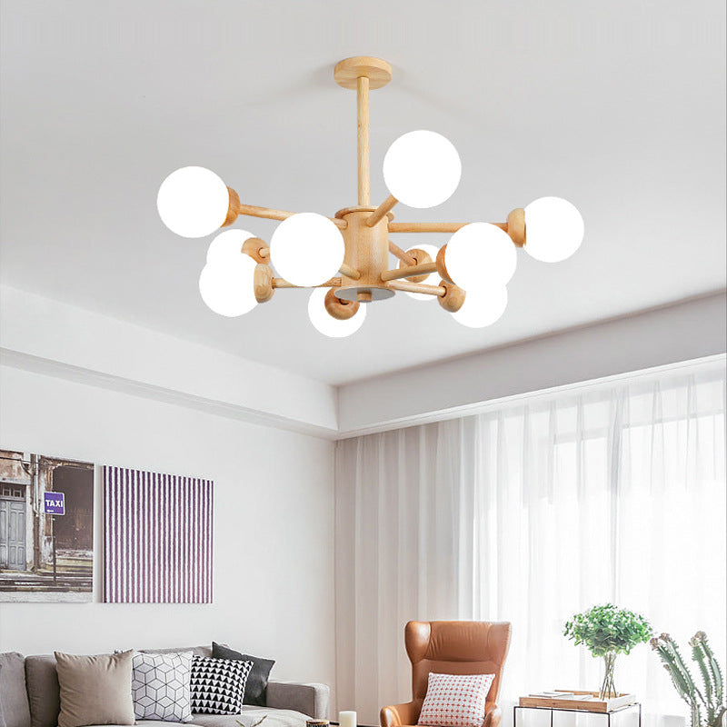 Modern Wood Chandelier Light Fixtures Multi-Head Hanging Pendant Lights with Globe Glass Shade