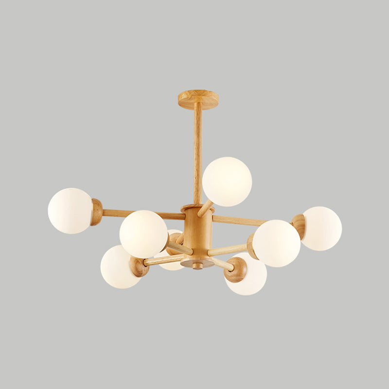 Modern Wood Chandelier Light Fixtures Multi-Head Hanging Pendant Lights with Globe Glass Shade
