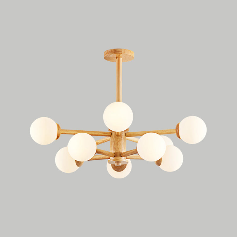 Modern Wood Chandelier Light Fixtures Multi-Head Hanging Pendant Lights with Globe Glass Shade