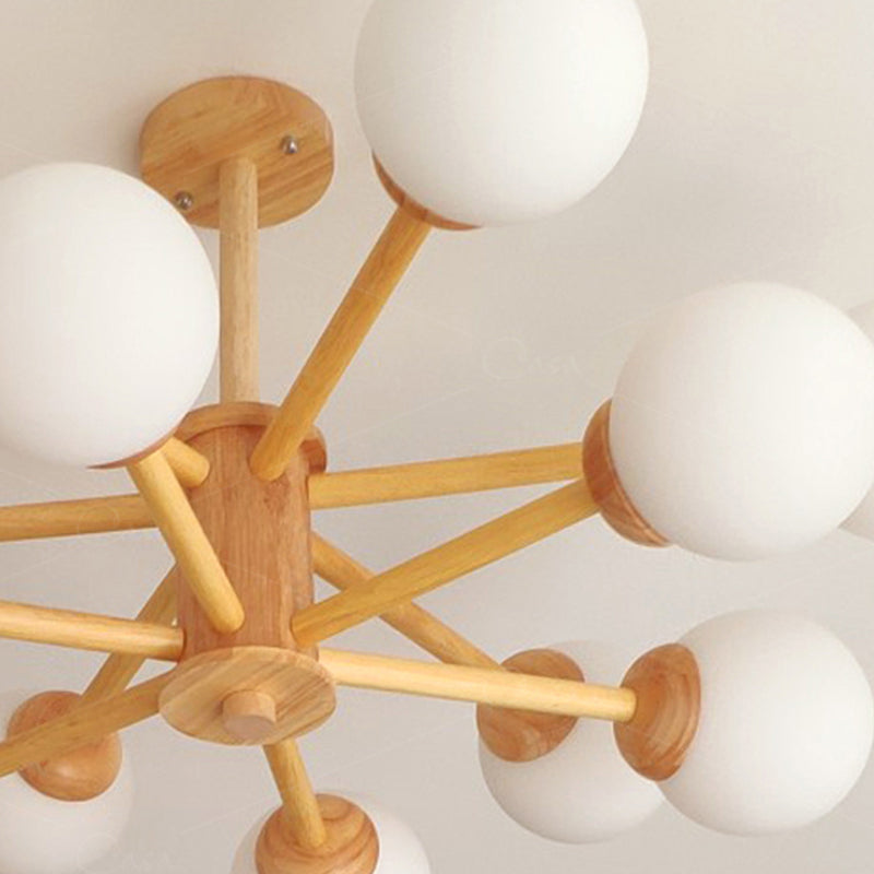 Modern Wood Chandelier Light Fixtures Multi-Head Hanging Pendant Lights with Globe Glass Shade