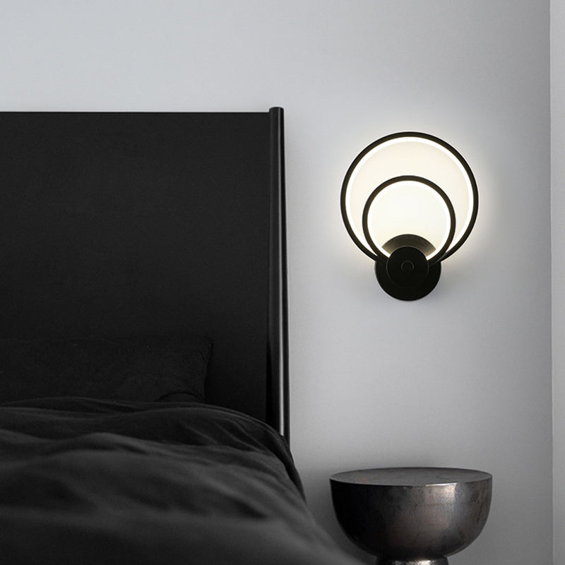 LED Bedroom Sconce Light Fixture Minimalist Black Wall Lighting with Circle Metal Shade
