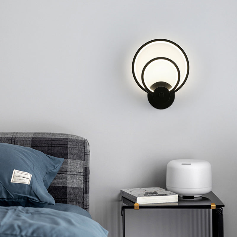 LED Bedroom Sconce Light Fixture Minimalist Black Wall Lighting with Circle Metal Shade