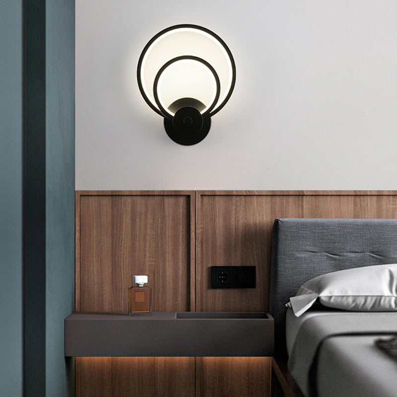 LED Bedroom Sconce Light Fixture Minimalist Black Wall Lighting with Circle Metal Shade