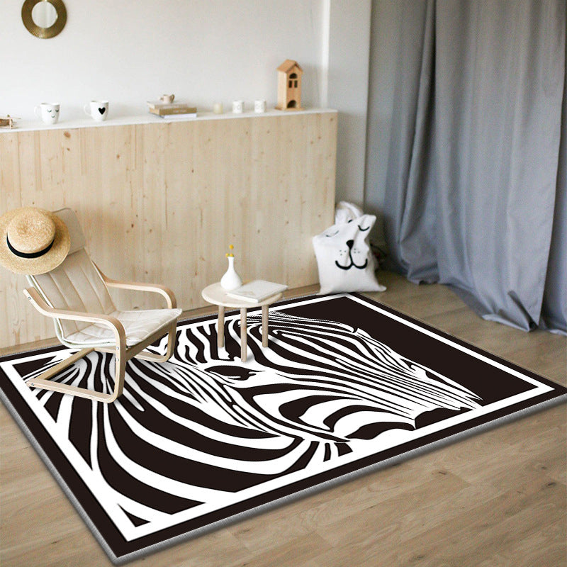 Black Modern Rug Polyester Zebra Rug Non-Slip Backing Rug for Drawing Room
