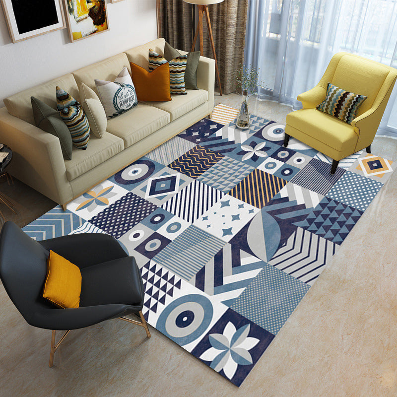 Blue Modern Rug Polyester Check Area Rug Washable Rug for Living Room