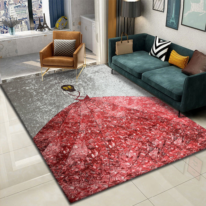 Light Red Girl Rug Polyester Modern Rug Non-Slip Backing Rug for Home Decor