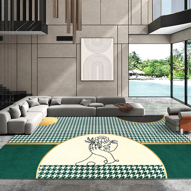 Dark Green Color Block Rug Polyester Modern Rug Non-Slip Backing Rug for Drawing Room