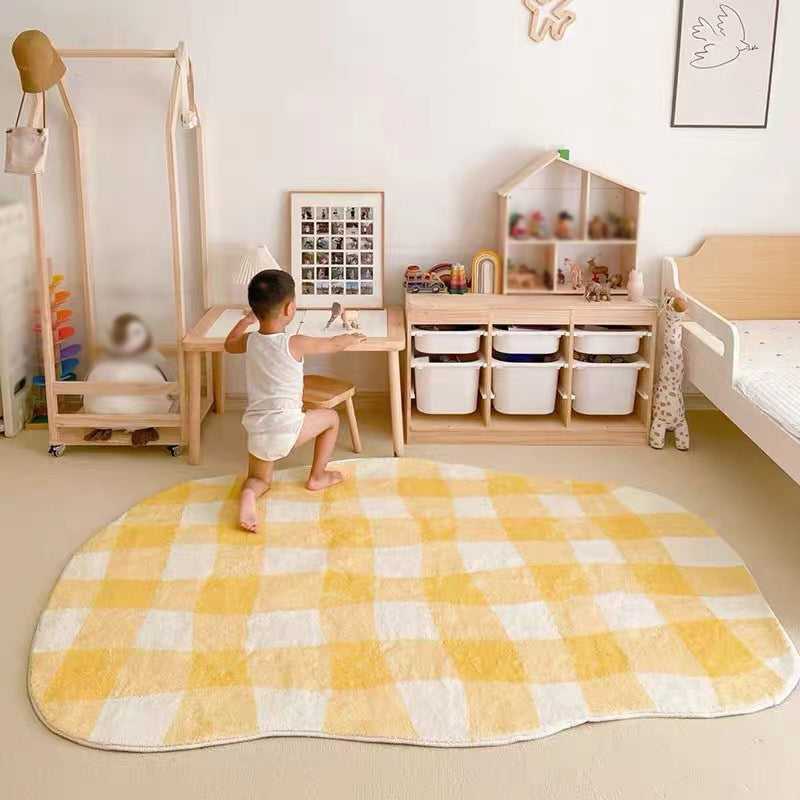 Yellow Check Rug Polyester Simple Rug Stain Resistant Rug for Home Decor