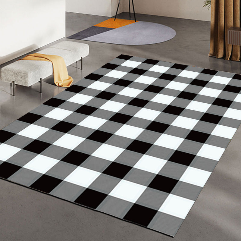 Black Modern Rug Polyester Grid Indoor Rug Washable Rug for Living Room