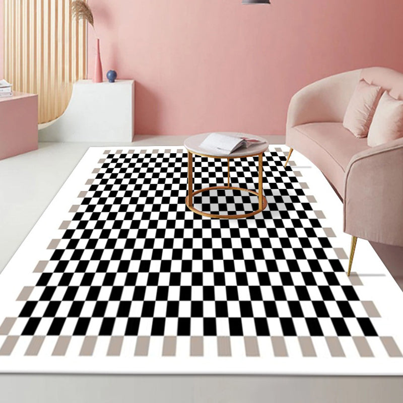 Black Gridding Rug Polyester Modern Rug Stain Resistant Rug for Home Decor