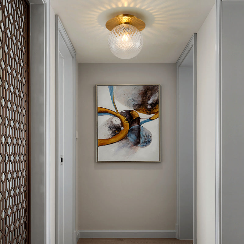 Modern Concise Indoor Flush Mount Copper Globe Ceiling Fixture with Ripple Glass Shade