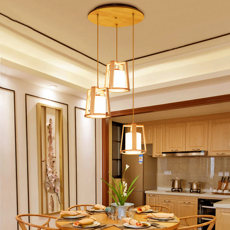 Modern Creative Pendant Light Wooden Geometric Hanging Lamp with White Fabrics Shade