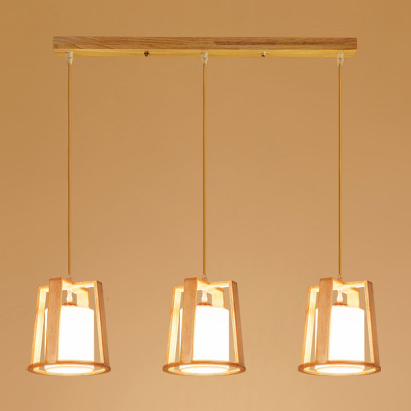 Modern Creative Pendant Light Wooden Geometric Hanging Lamp with White Fabrics Shade