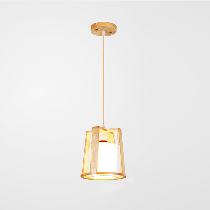 Modern Creative Pendant Light Wooden Geometric Hanging Lamp with White Fabrics Shade