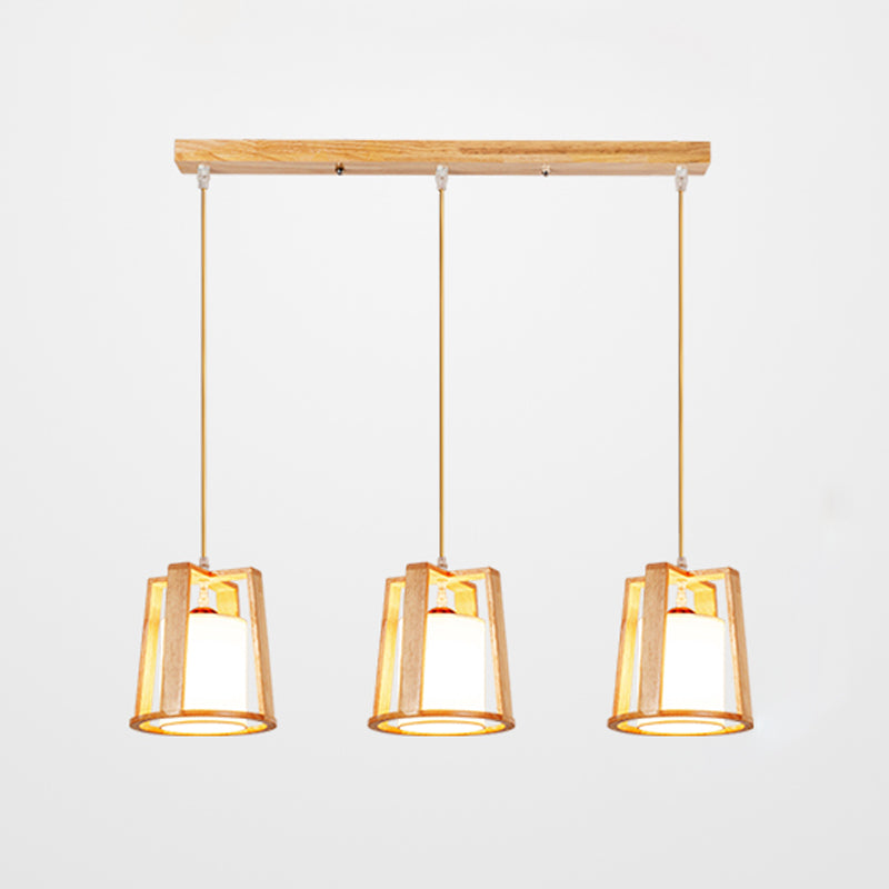 Modern Creative Pendant Light Wooden Geometric Hanging Lamp with White Fabrics Shade