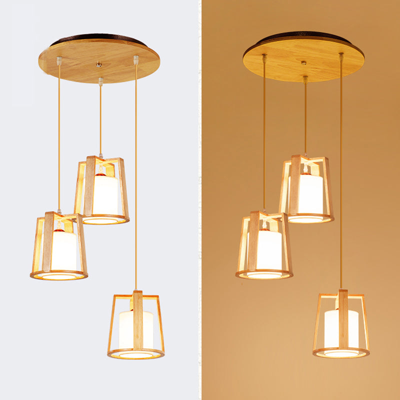 Modern Creative Pendant Light Wooden Geometric Hanging Lamp with White Fabrics Shade