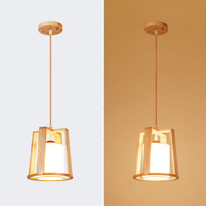 Modern Creative Pendant Light Wooden Geometric Hanging Lamp with White Fabrics Shade