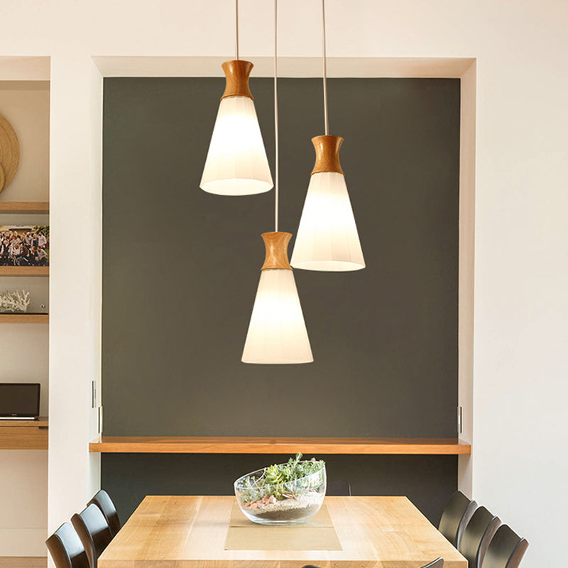 Moderne künstlerische geometrische hängende helle hölzerne Innenlampe mit weißem Glasschatten