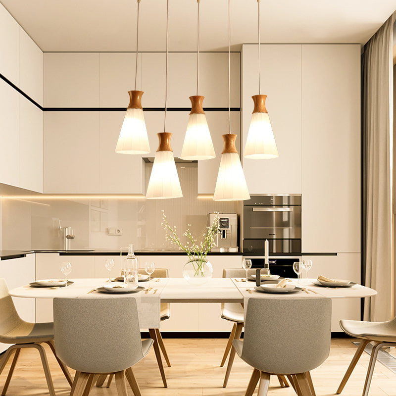 Moderne künstlerische geometrische hängende helle hölzerne Innenlampe mit weißem Glasschatten