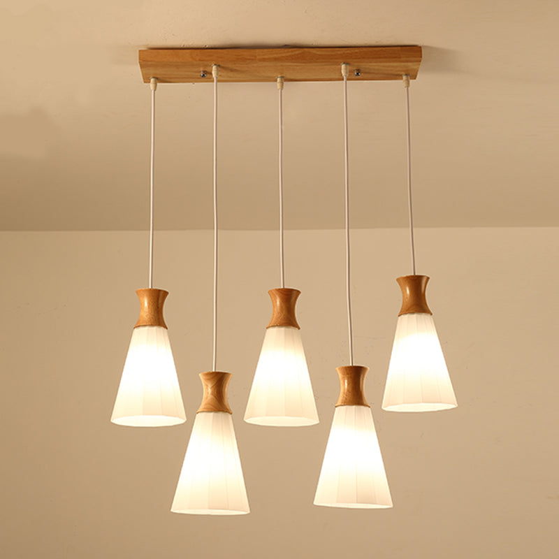 Moderne künstlerische geometrische hängende helle hölzerne Innenlampe mit weißem Glasschatten