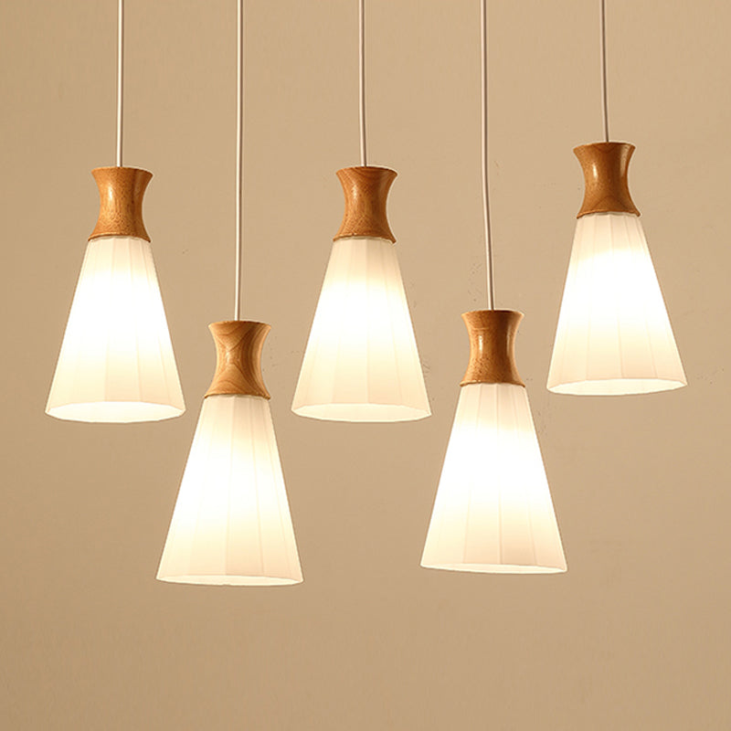 Moderne künstlerische geometrische hängende helle hölzerne Innenlampe mit weißem Glasschatten
