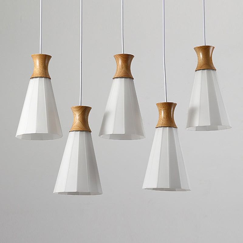 Moderne künstlerische geometrische hängende helle hölzerne Innenlampe mit weißem Glasschatten