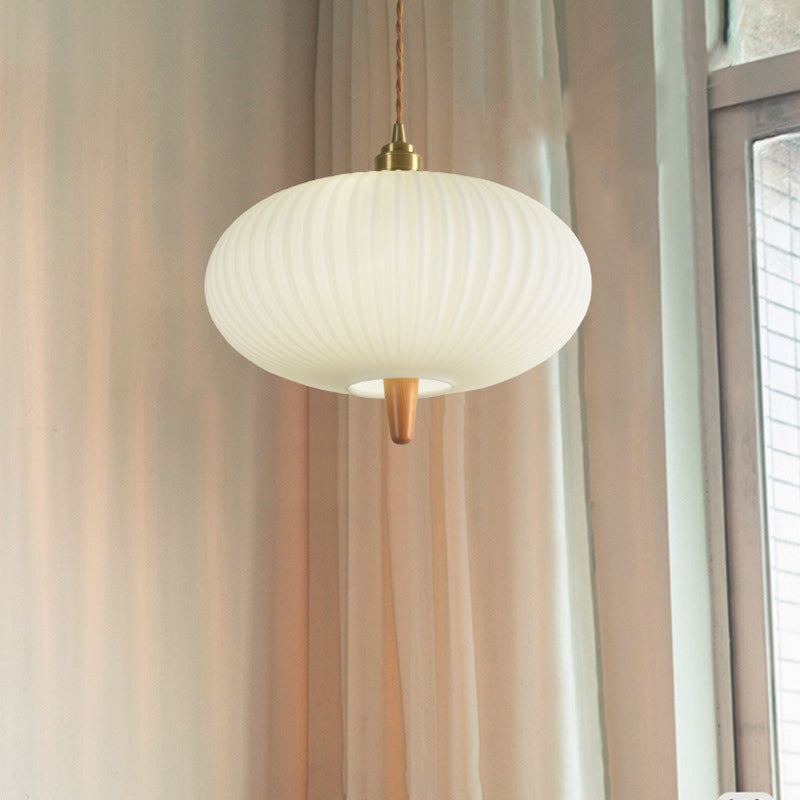 Wooden Geometric Pendant Light in Modern Artistic Style Copper Indoor Hanging Lamp with Glass Shade