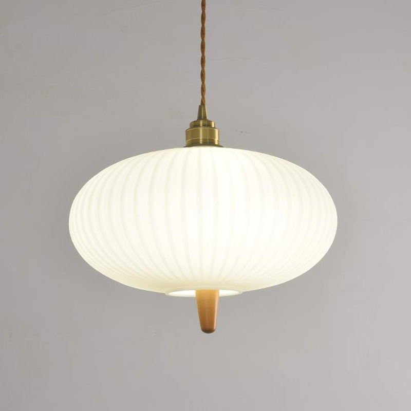 Wooden Geometric Pendant Light in Modern Artistic Style Copper Indoor Hanging Lamp with Glass Shade