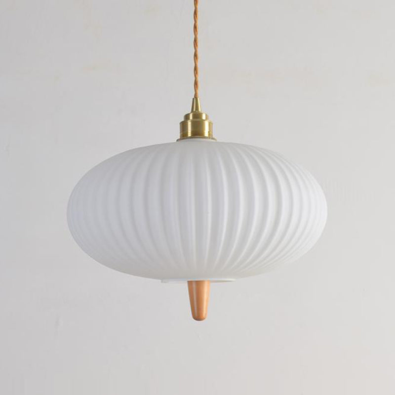 Wooden Geometric Pendant Light in Modern Artistic Style Copper Indoor Hanging Lamp with Glass Shade