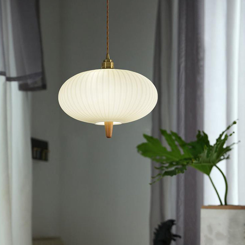 Wooden Geometric Pendant Light in Modern Artistic Style Copper Indoor Hanging Lamp with Glass Shade