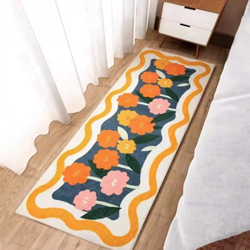 Orange Modern Rug Polyester Flower Rug Non-Slip Backing Area Rug for Home Decor