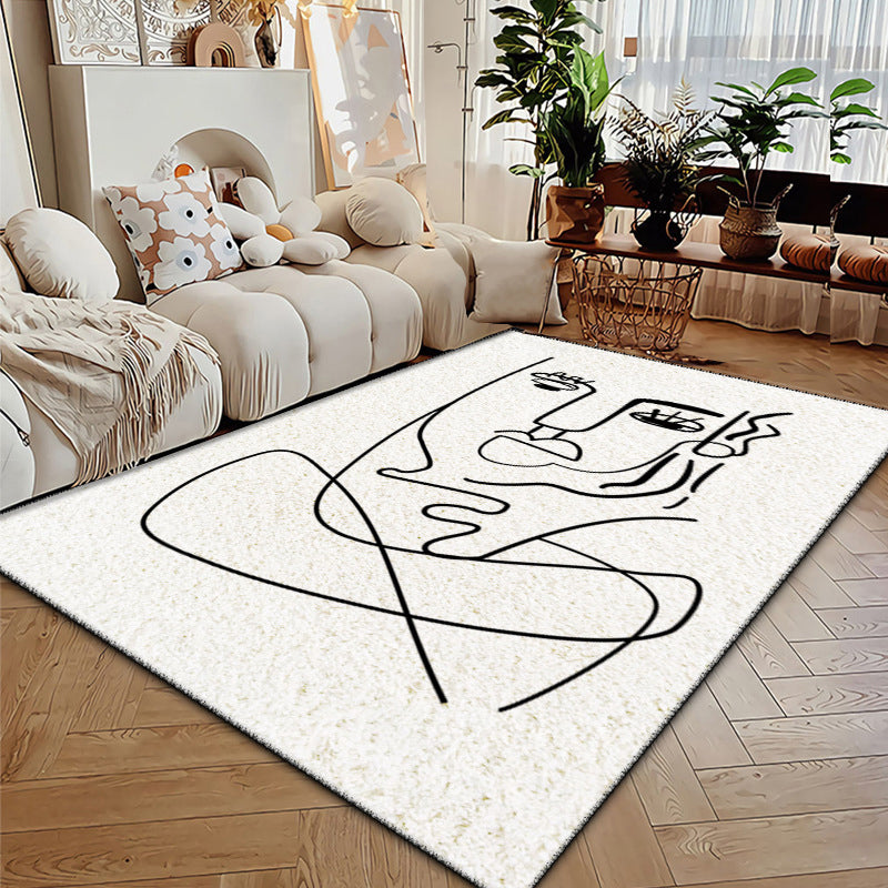 White Modern Rug Polyester Abstract Face Rug Non-Slip Backing Area Rug for Drawing Room