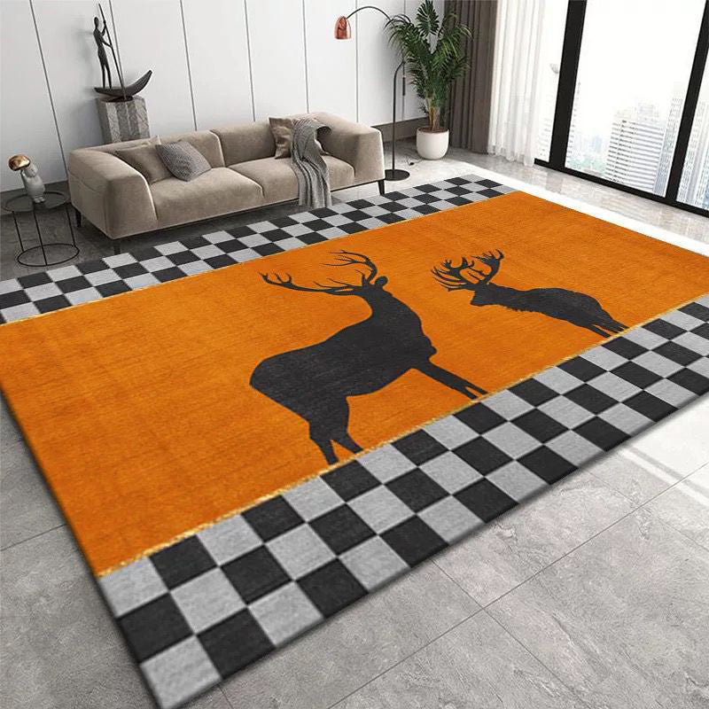 Dark Orange Deer Area Carpet Polyester Nordic Carpet Non-Slip Backing Rug for Drawing Room