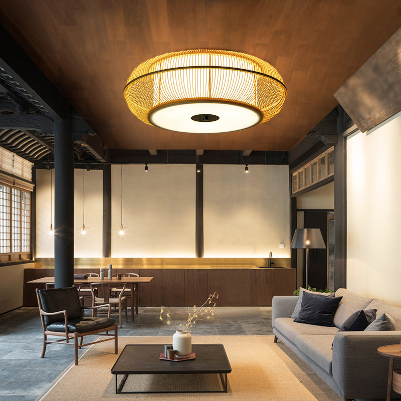 Bamboo Beige Ceiling Mount Light Fixture Drum Shape Asia Style Flush Mount Ceiling Light