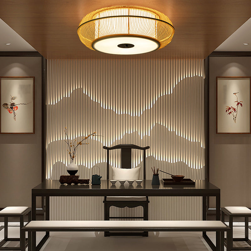 Bamboo Beige Ceiling Mount Light Fixture Drum Shape Asia Style Flush Mount Ceiling Light