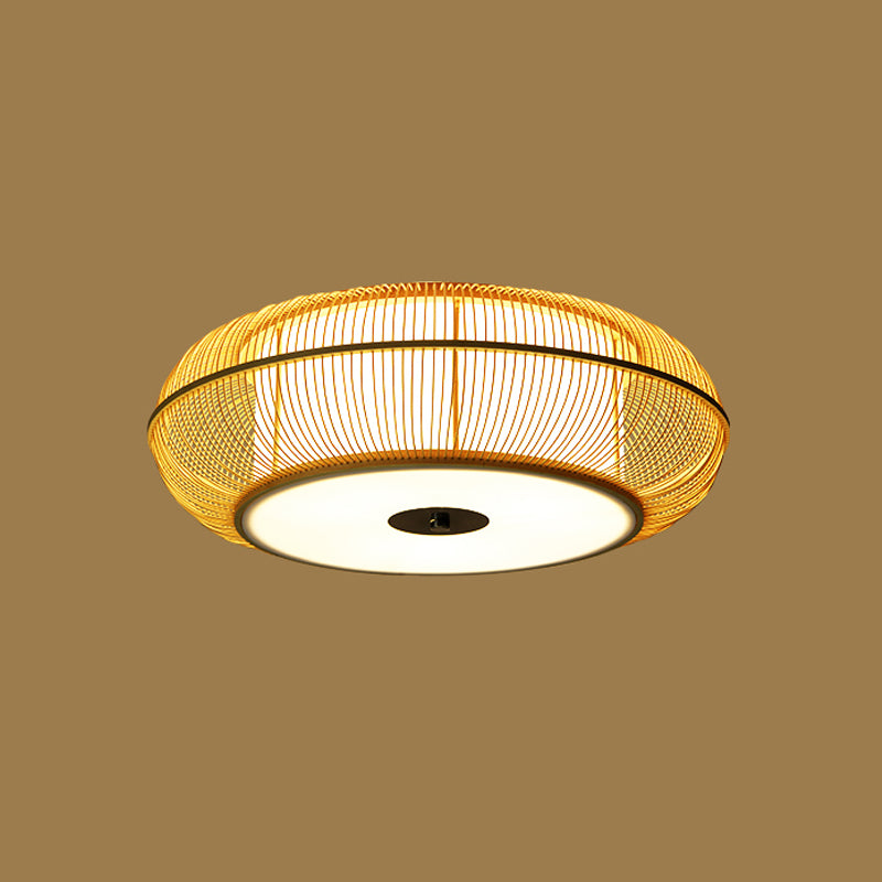 Bamboo Beige Ceiling Mount Light Fixture Drum Shape Asia Style Flush Mount Ceiling Light
