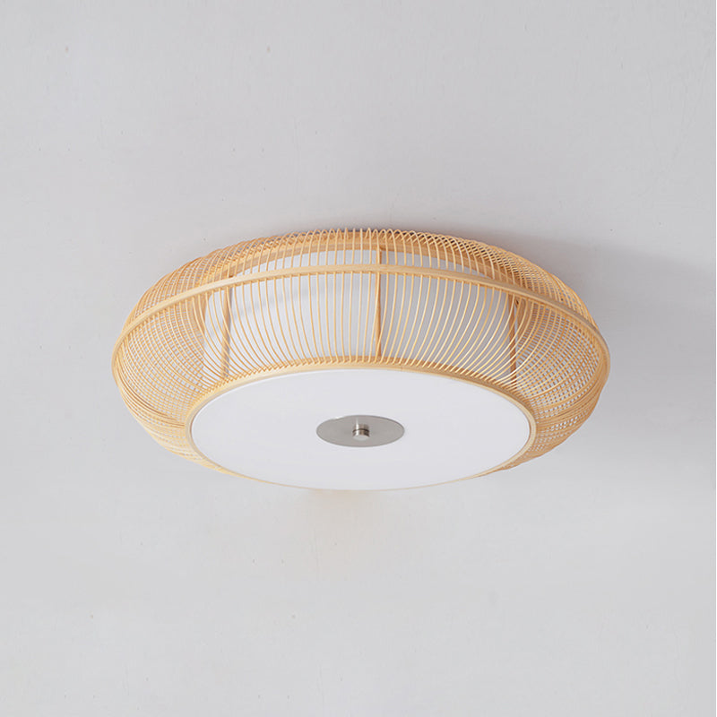 Bamboo Beige Ceiling Mount Light Fixture Drum Shape Asia Style Flush Mount Ceiling Light